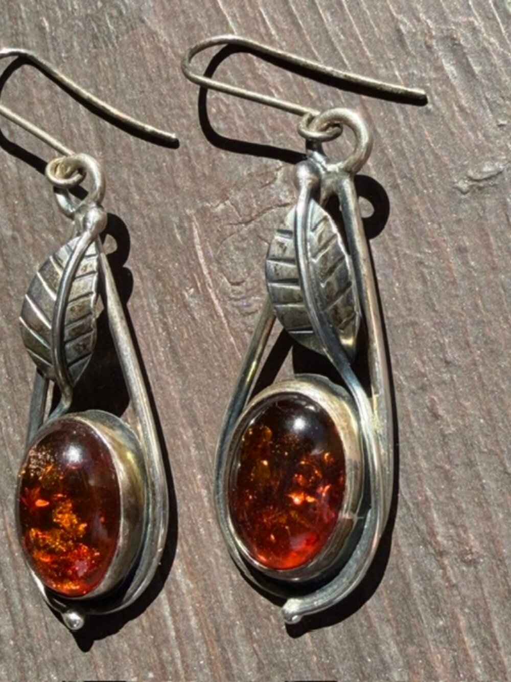 Vintage 1990s Baltic Amber Leaf Drop Earrings - Artisan Sterling Silver Style
